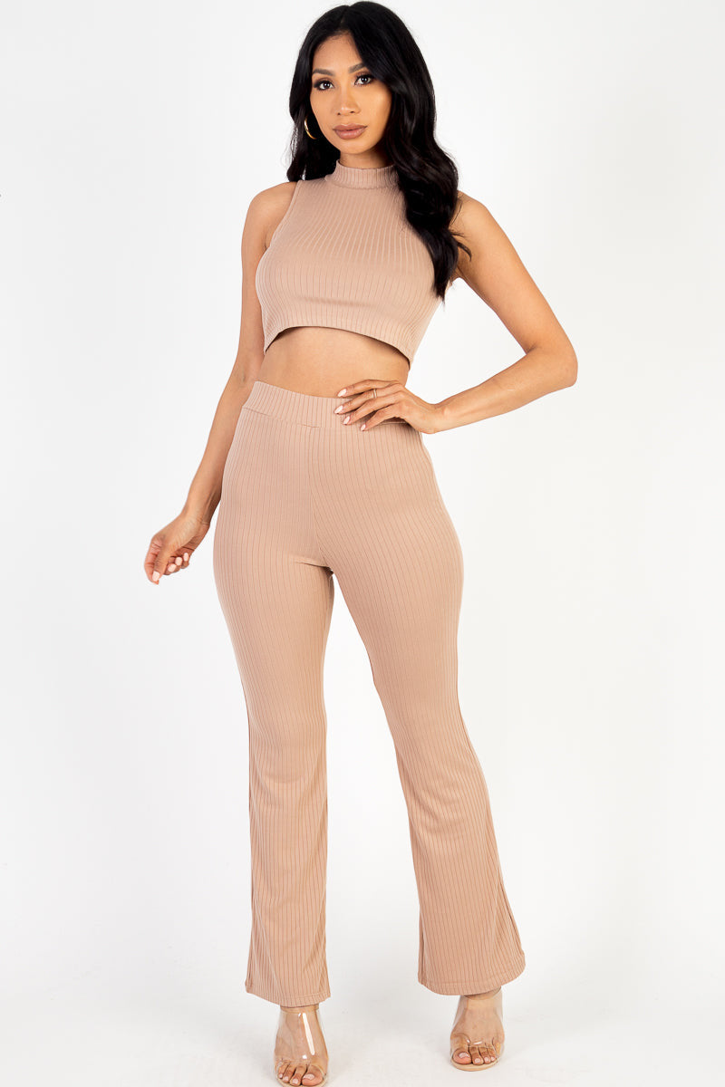 Teresa Ribbed Mock Neck Crop Tank Top & Bootcut Set- Toffee