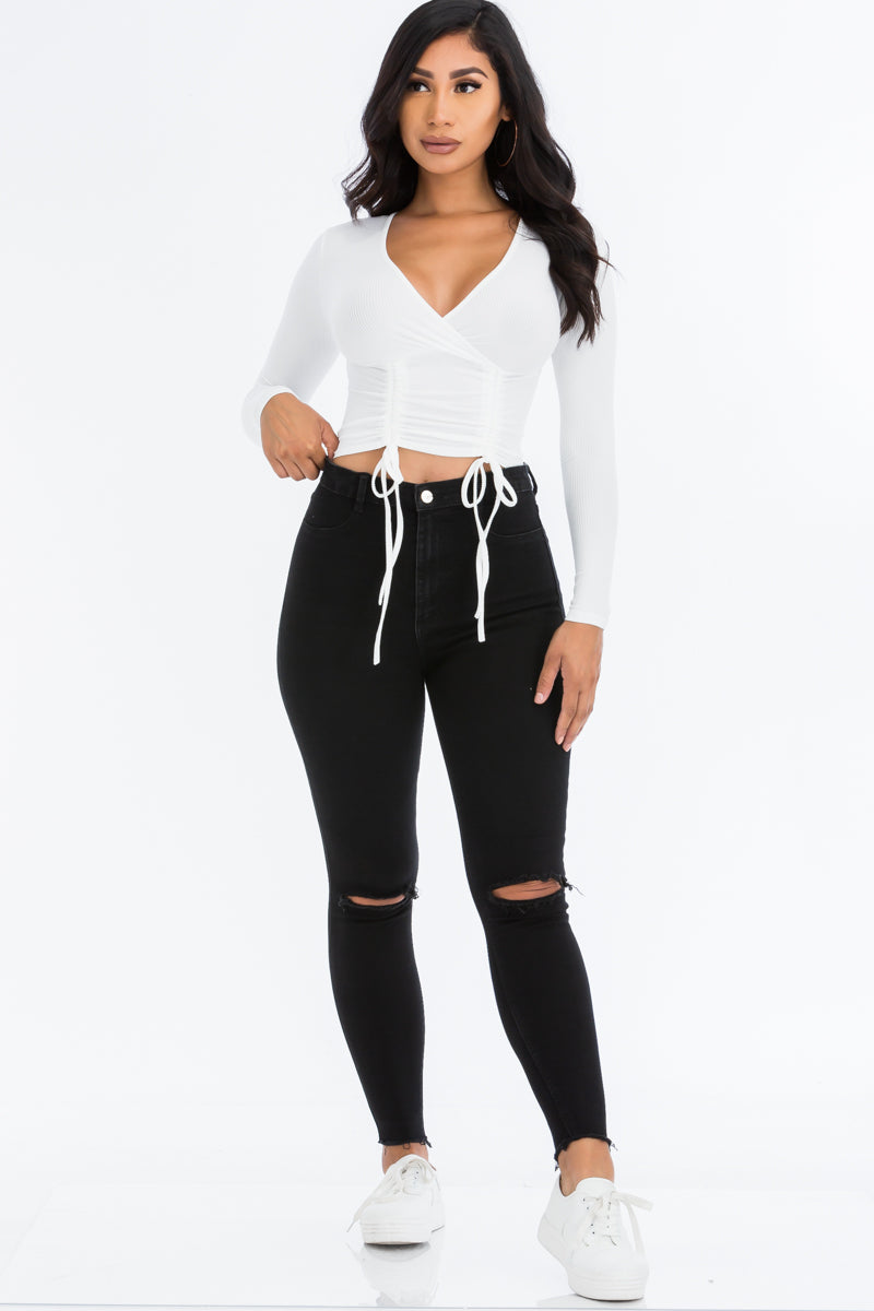 Ivonne Ribbed Drawstring Long Sleeve Crop Top