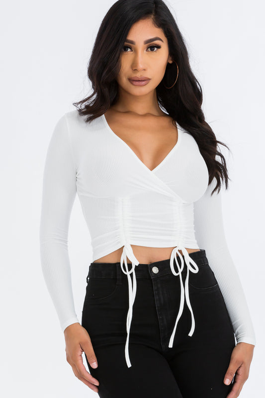 Ivonne Ribbed Drawstring Long Sleeve Crop Top