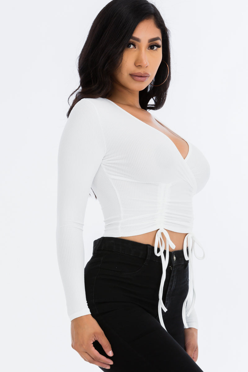 Ivonne Ribbed Drawstring Long Sleeve Crop Top