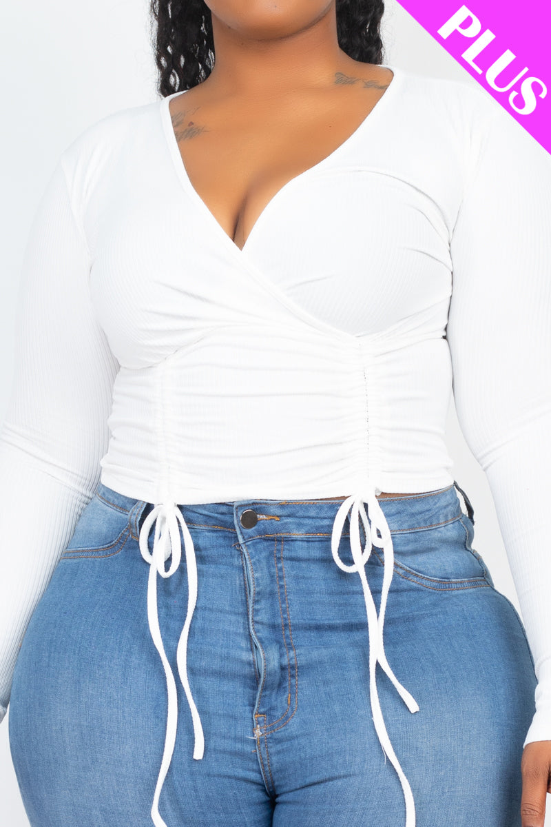 Plus Ivonne Ribbed Drawstring Long Sleeve Crop Top