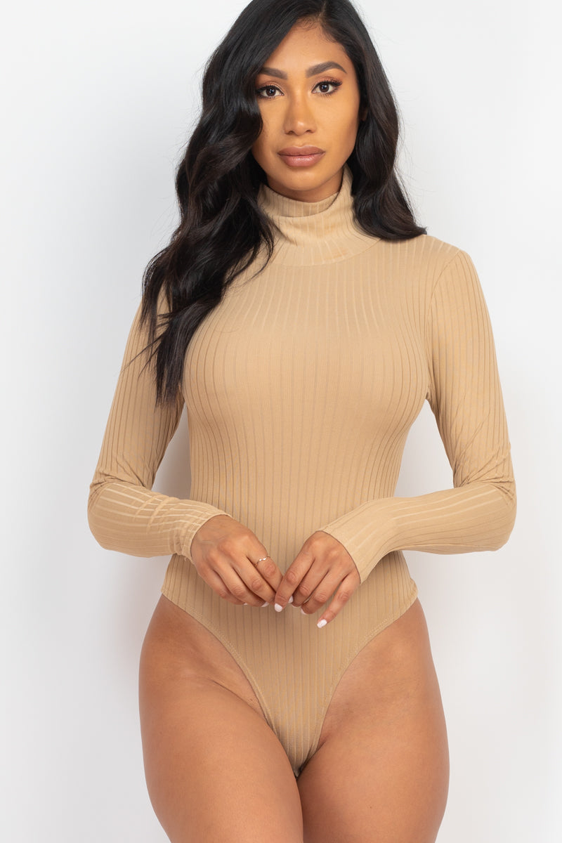 Hanna Ribbed Turtle Neck Long Sleeve Bodysuit- Khaki