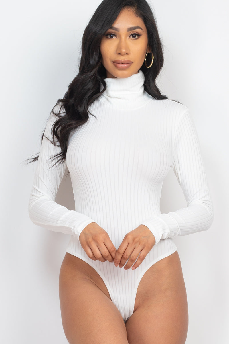 Hanna Ribbed Turtle Neck Long Sleeve Bodysuit- White