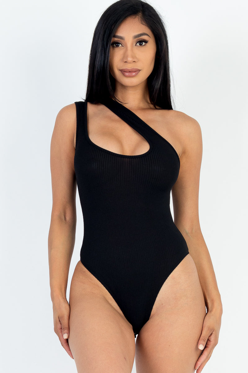 Izabella On Shoulder Cut Out Rib Bodysuit- Black