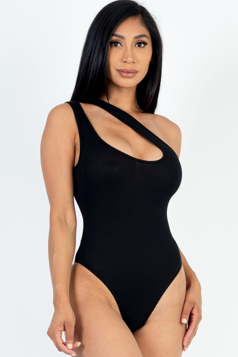 Izabella On Shoulder Cut Out Rib Bodysuit- Black