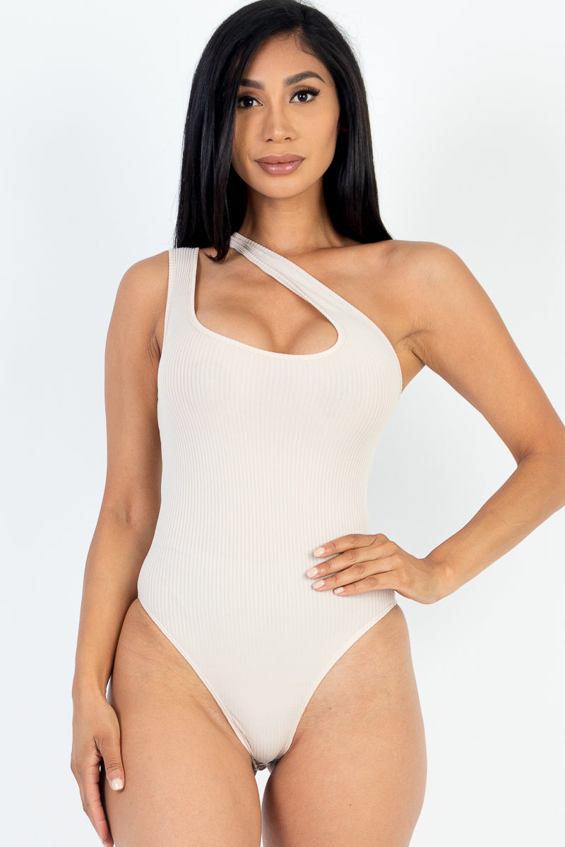 Izabella One Shoulder Cut Out Rib Bodysuit- Stone