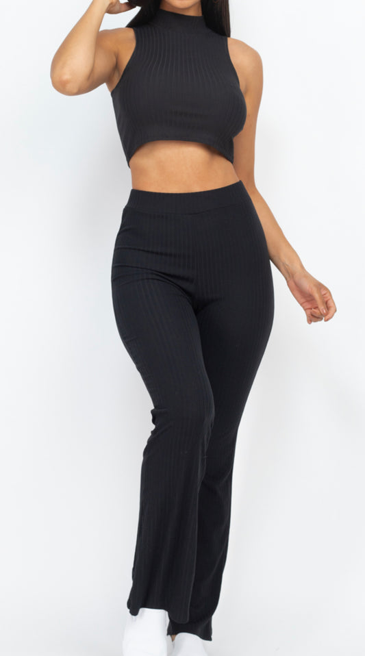 Teresa Ribbed Mock Neck Crop Tank Top & Bootcut Set- Black