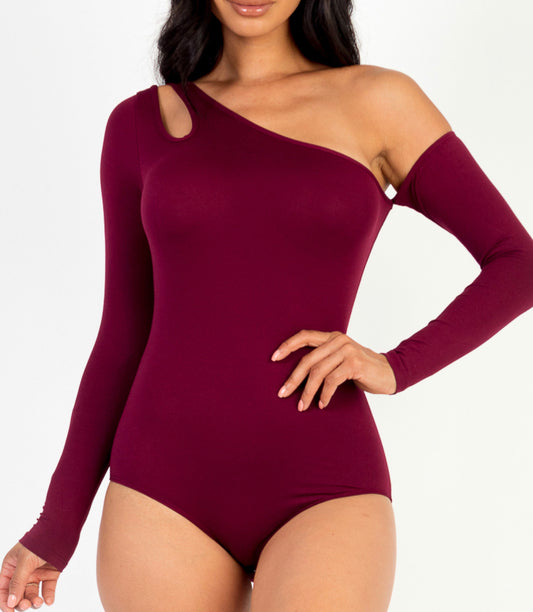 Natalia One Shoulder Cut Out Bodysuit- Burgundy