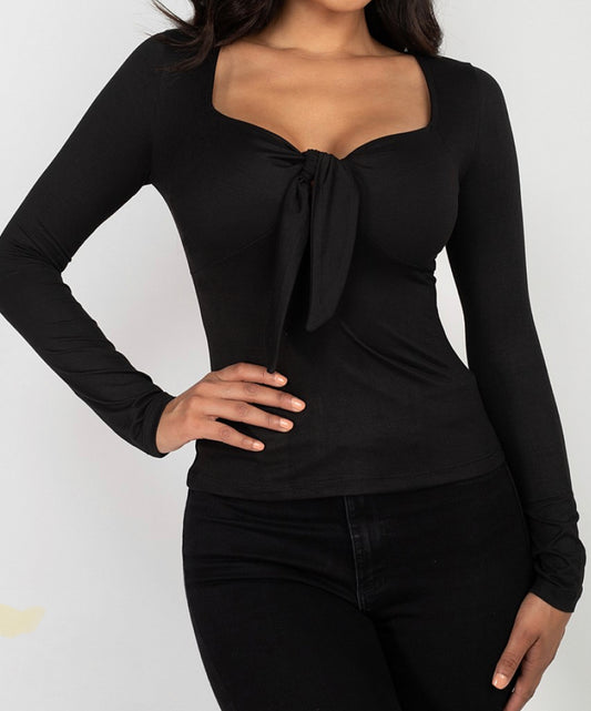 Sweetie Tie Front Long Sleeve Top- Black